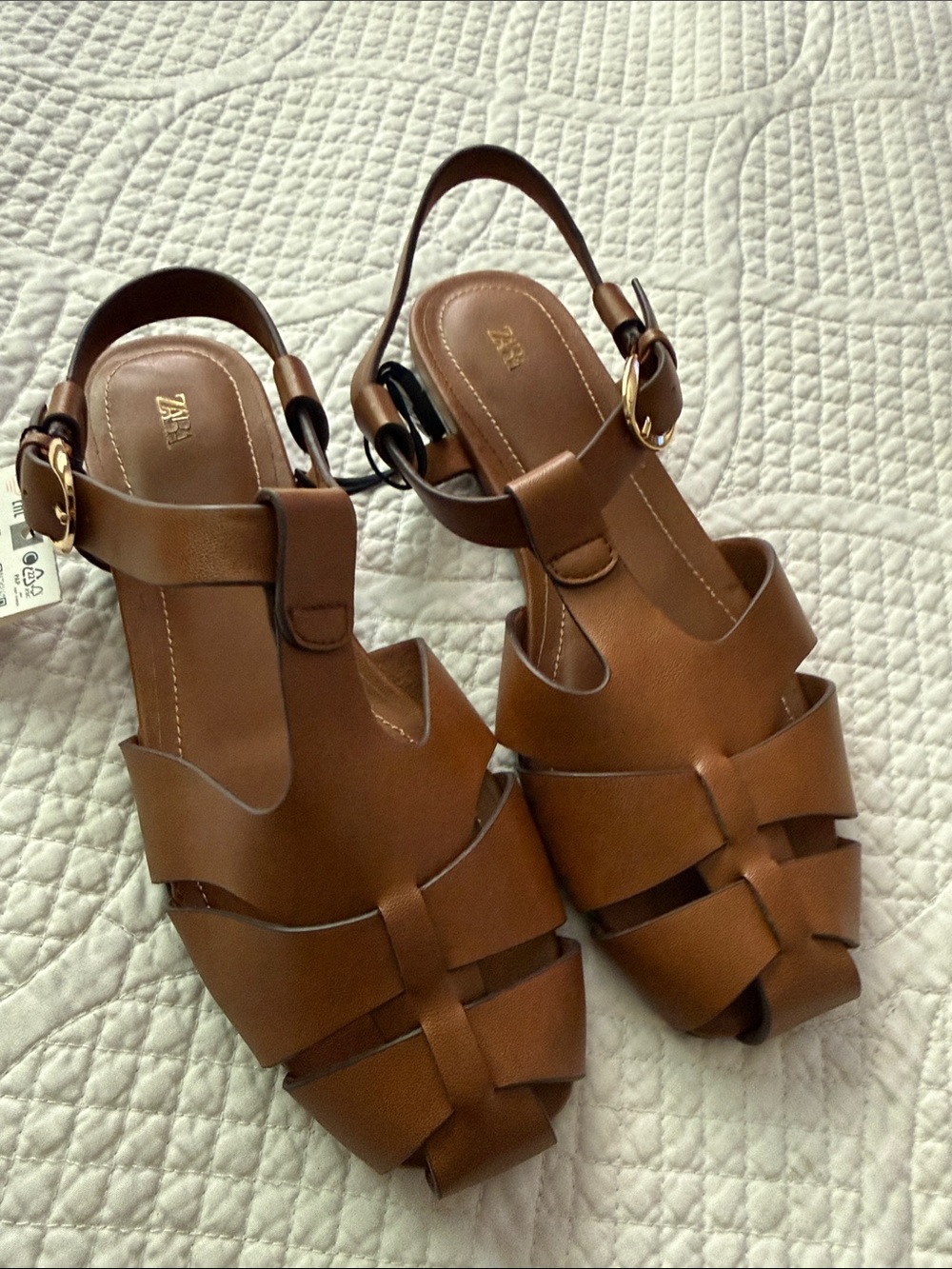 Zara Tan Brown Leather Woven Slingback Sandals